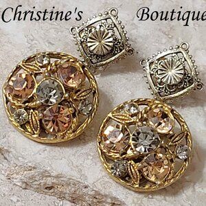 Clip on Earrings Filigree and Rhinestones, Diamond Cut Set of 2